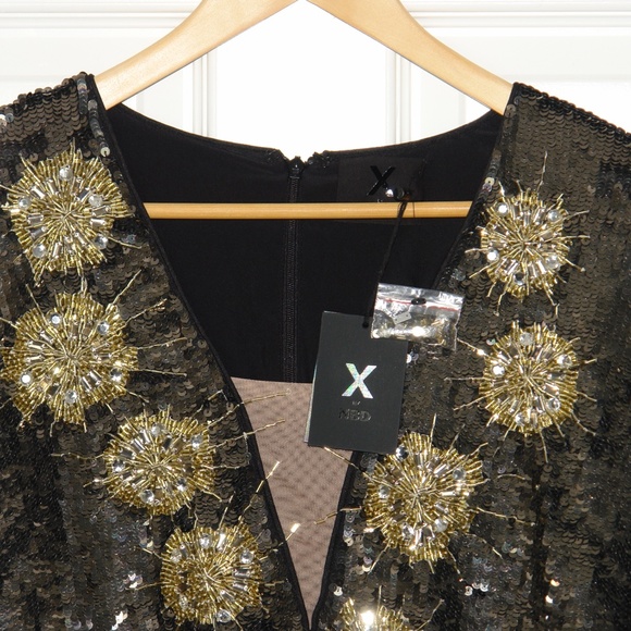 NWT X by NBD Gunmetal Bryson Embellished Mini Dress Beads Sequins Long Sleeves L - Picture 4 of 10